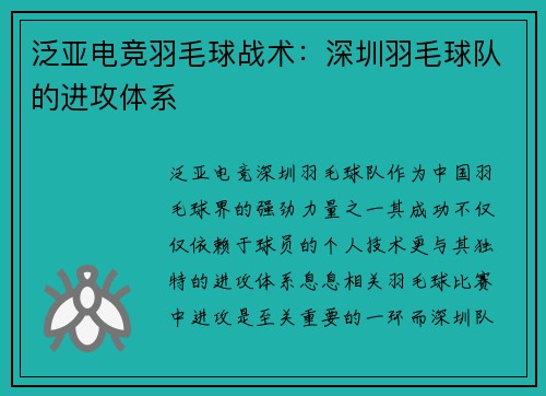 泛亚电竞羽毛球战术：深圳羽毛球队的进攻体系